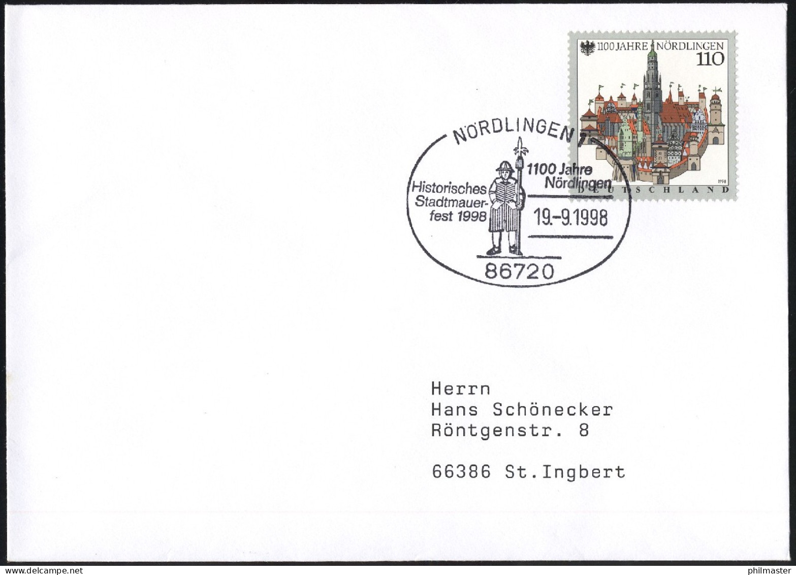 1965 Nördlingen, EF Brief SSt Nördlingen Historisches Stadtmauerfest 19.9.1998 - Autres & Non Classés