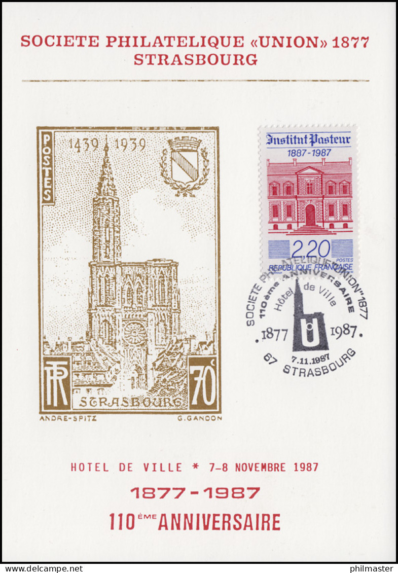 Frankreich Philatelistische Gesellschaft 1877, Karte SSt STRASBOURG 7.11.1987 - Sonstige & Ohne Zuordnung