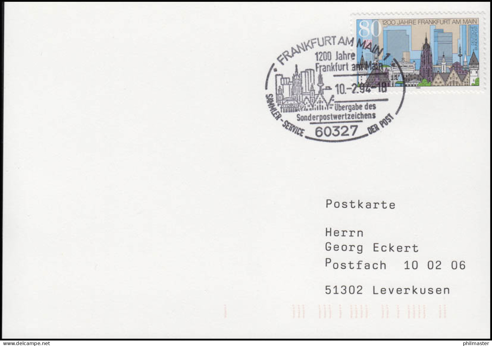 1721 Frankfurt/Main, EF FDC-Postkarte ESSt Frankfurt/Main Markenübergabe10.2.94 - Sonstige & Ohne Zuordnung