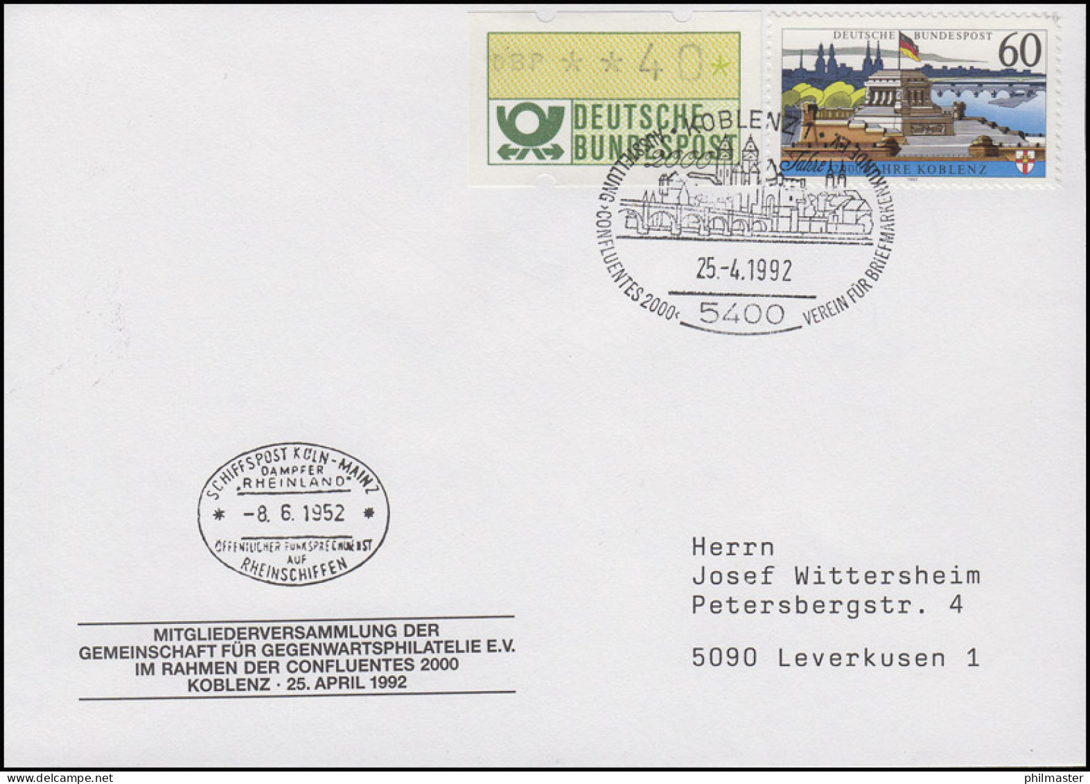 1583y Koblenz, MiF Brief SSt Koblenz Confluentes 2000 & Stadtansicht 25.4.1992 - Autres & Non Classés