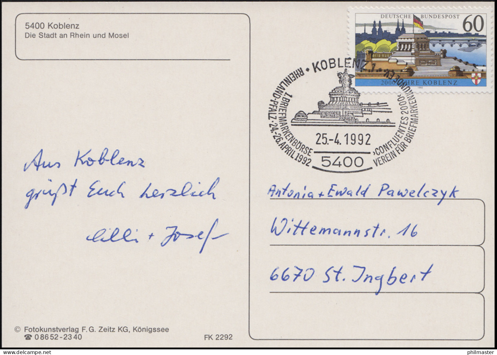 1583y Koblenz EF AK Stadtansicht SSt Koblenz Deutsches Eck & Confluentes 25.4.92 - Other & Unclassified