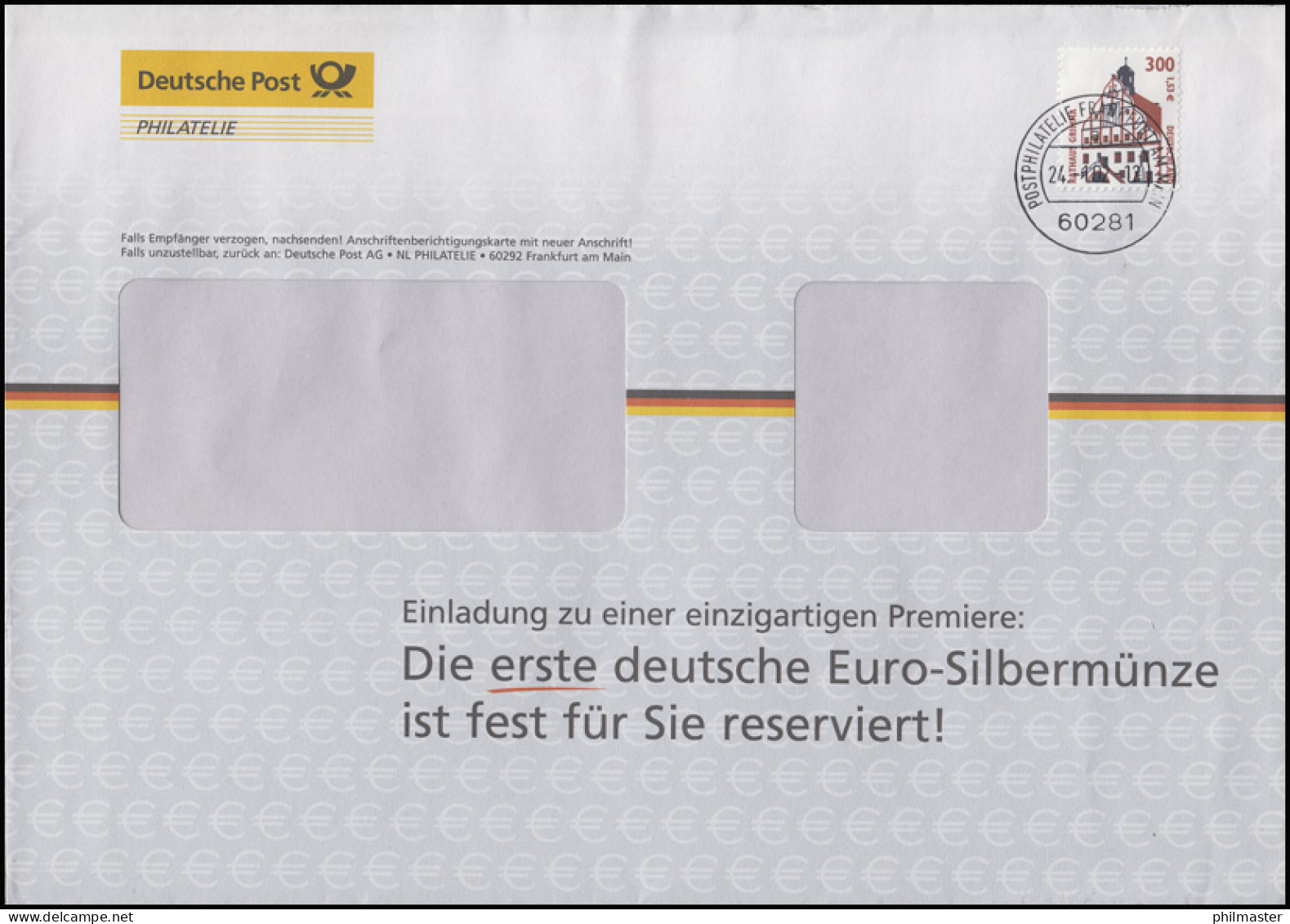 2141 SWK Rathaus Grimma 300 Pf EF Werbe-Brief Euro-Silbermünze FRANKFURT 24.1.02 - Sonstige & Ohne Zuordnung