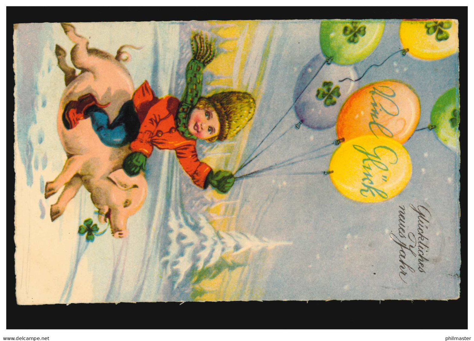 Neujahrs-AK Mädchen Mit Ballons Und Glücksklee Reitet Auf Schwein, 2.1.1929 - Andere & Zonder Classificatie