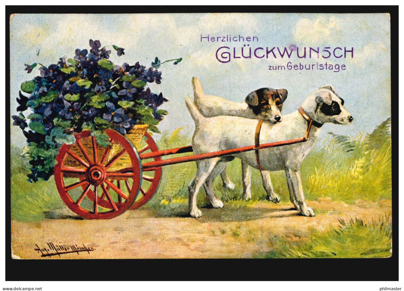 Tiere-AK: Hundegespann Bringt Geburtstagsblumen, HANNOVER 14.7.1906 - Honden