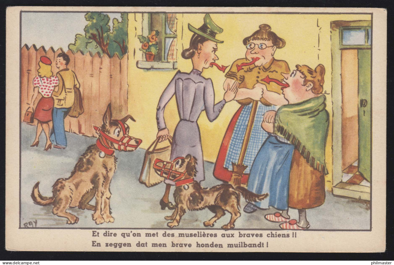 Humor-AK Hunde Mit Maulkorb Und Geschwätzige, Ungebraucht Um 1920  - Honden