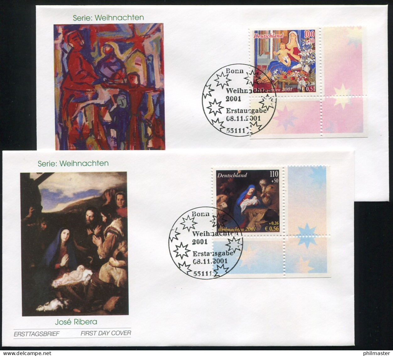 2226 Weihnachten 100+50 Pf / 0,51+0,26 Euro 2001 Auf 2 FDC Bonn - Covers & Documents