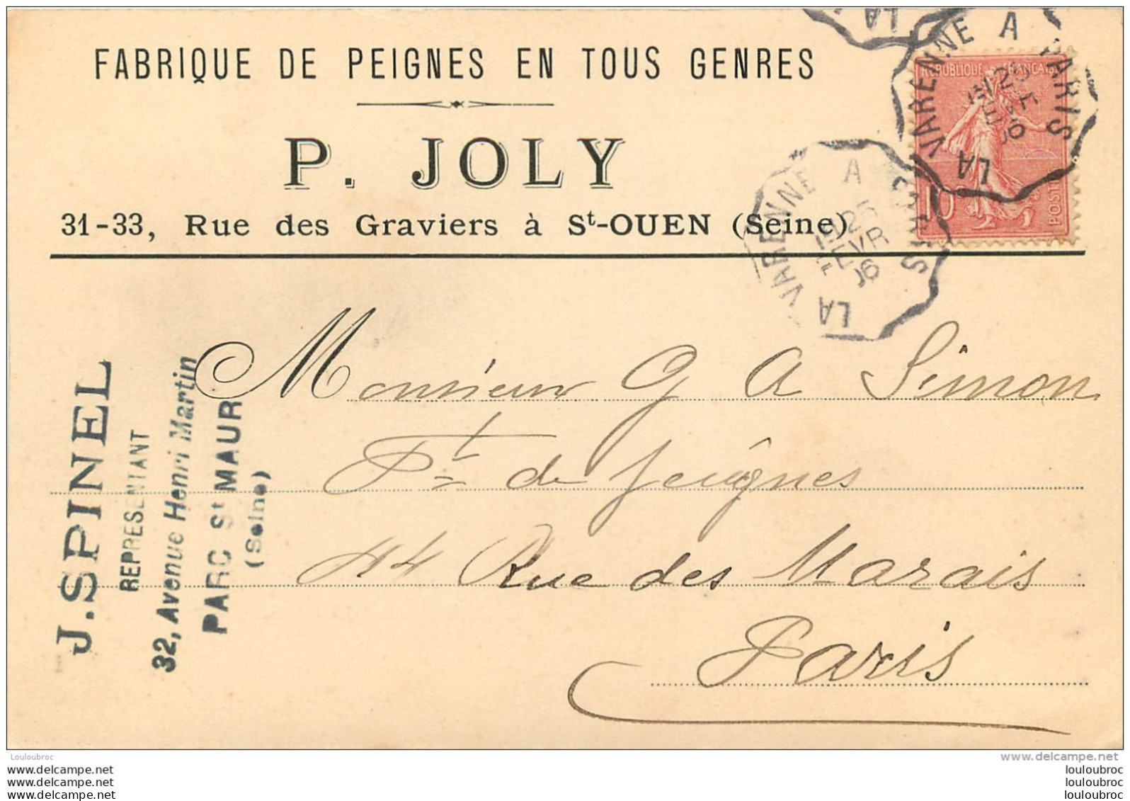 SAINT OUEN P.  JOLY FABRIQUE DE PEIGNES EN TOUS GENRES 31-33 RUE DES GRAVIERS - Saint Ouen