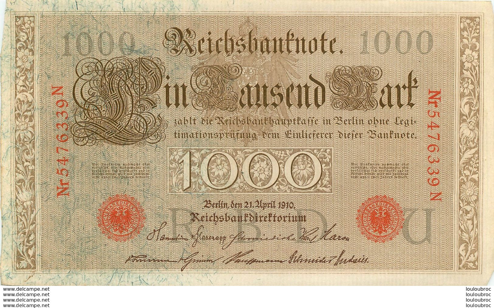 LOT DE 6 BILLETS 1000 DM  SERIE N   REICHSBANKNOTE 1910 TOUS SCANNES - 1000 Mark