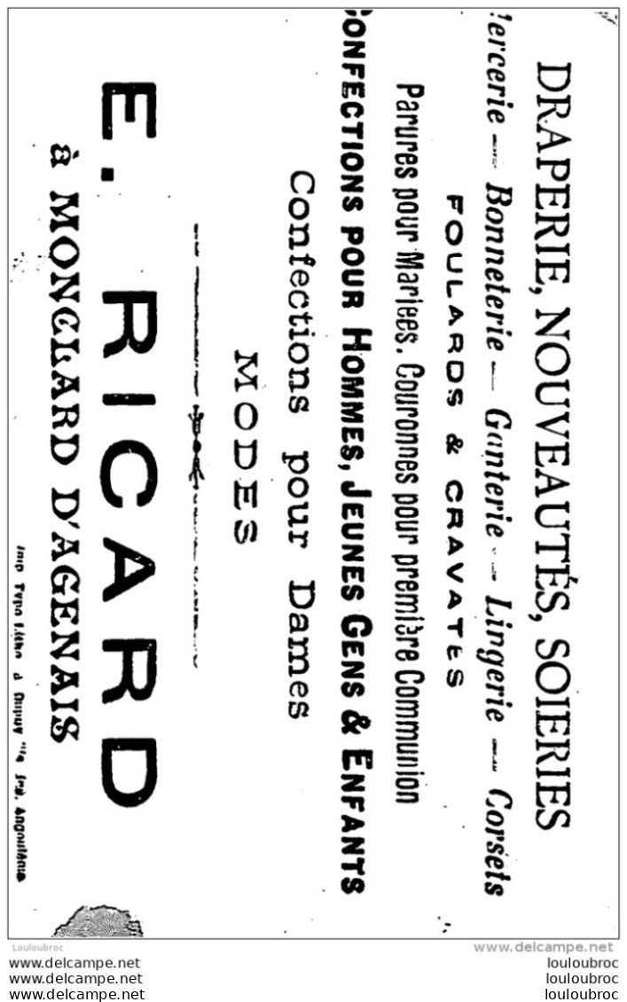 CHROMO  E.  RICARD DRAPERIE SOIERIES  A MONCLARD D'AGENAIS  LA CHASSE  IMP.  DUPUY - Otros & Sin Clasificación