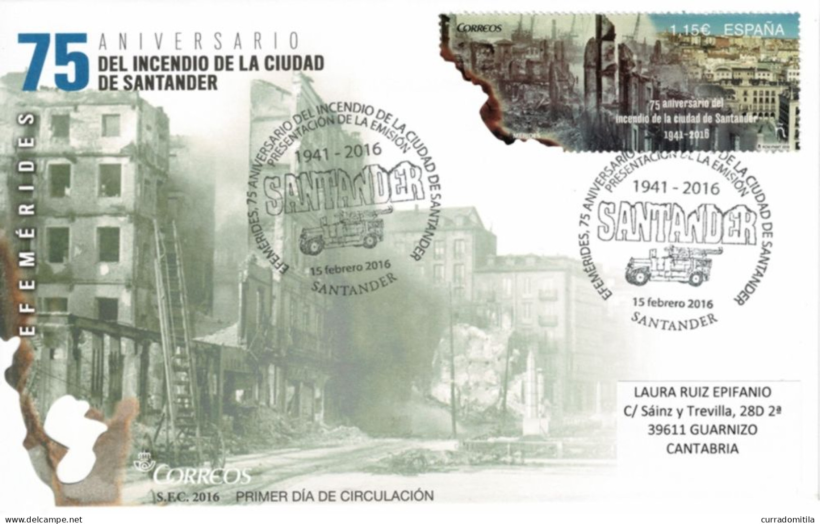2016 FDC Fire Of The City Of Santander And Fire Truck. Burning Effect On Stamp - Pompieri