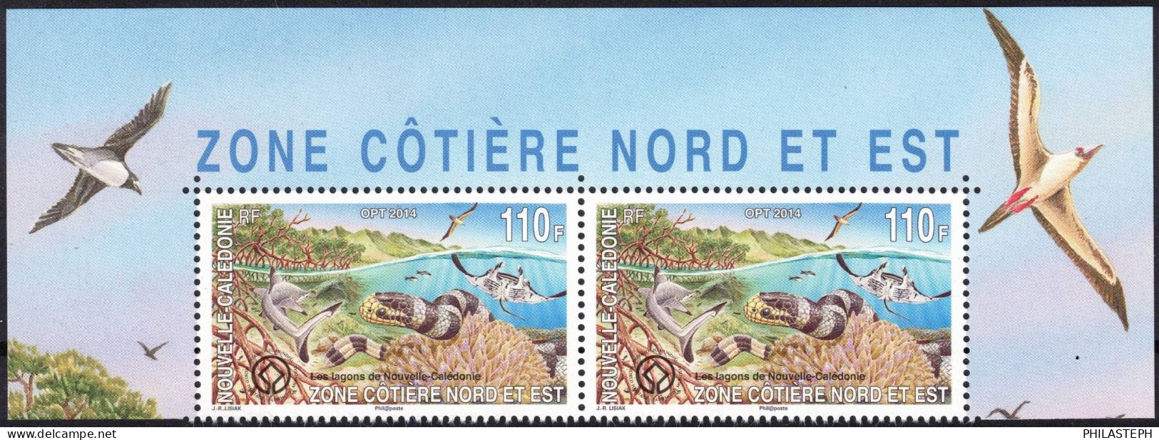 Nouvelle Calédonie 2014  - Les Lagons - Serpent, Requin, Raie, Oiseau - Paire HDF Avec Texte - YT 1214 Neuf ** - Unused Stamps