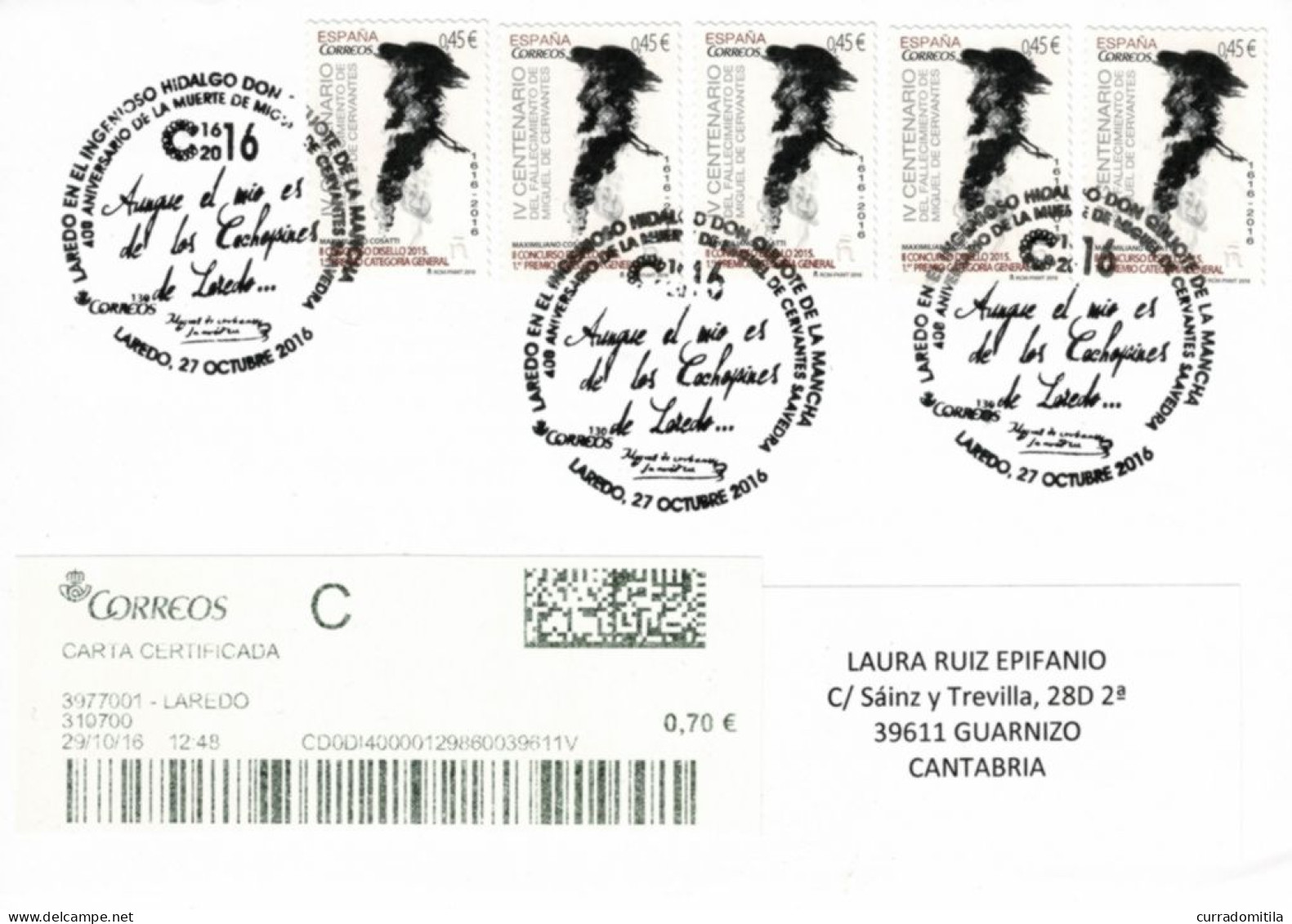 2016 Registered Cover 400 Years Of Don Quijote/Don Quixote. Literature - Other & Unclassified