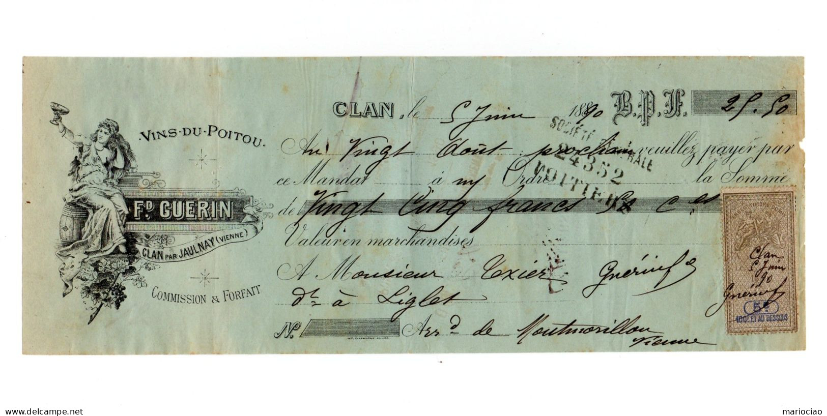 DC-FR 86 POITIERS CLAN-JAULNAY (Vienne) 1890 Vins Du Poitou Fd GUERIN - Lettres De Change