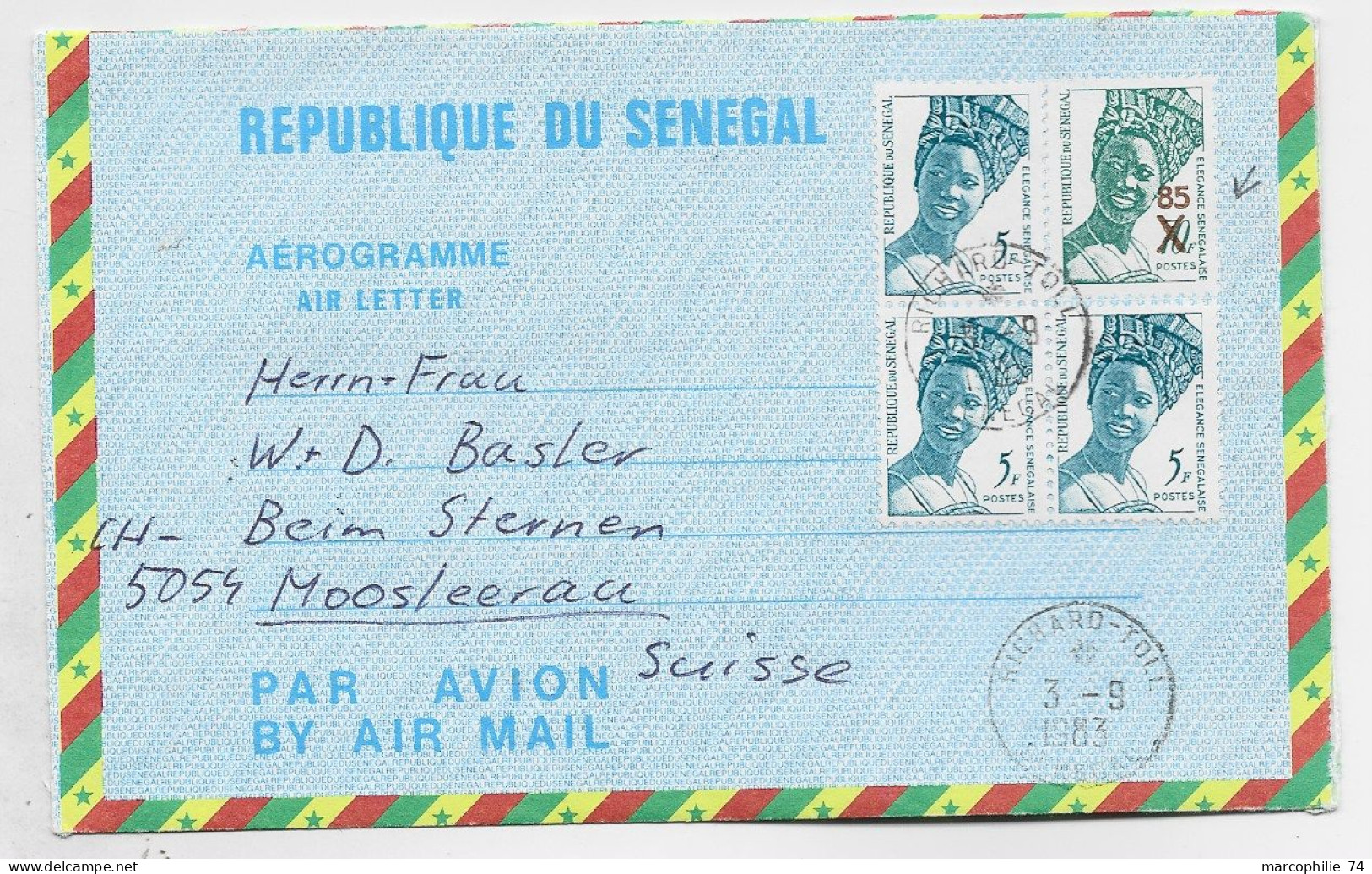 SENEGAL ENTIER AEROGRAMME 70FR SURCHARGE 85+ 5FRX3 AIR LETTER COVER AVION RICHARD TOLL 3.9.1983 POUR SUISSE - Senegal