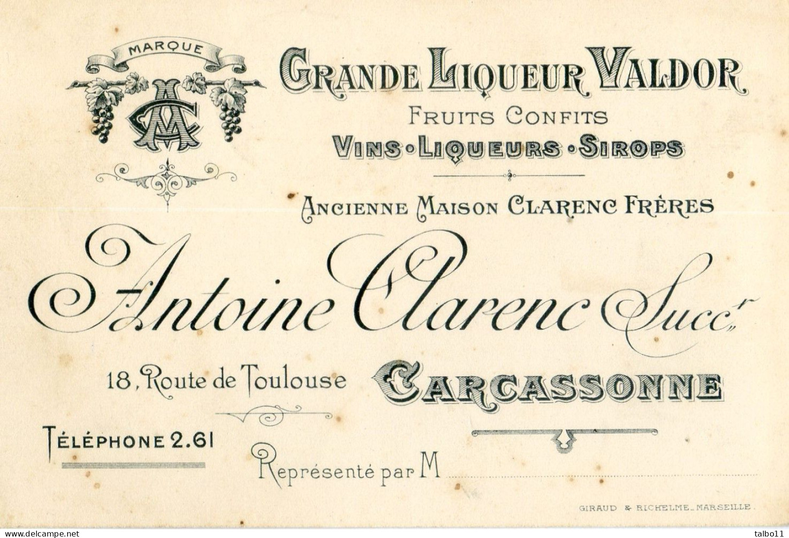 Carcassonne - Carte De Visite Commerciale De La Maison Antoine Clarenc - Liqueur Valdor, Fruits Confits, Sirops - Tarjetas De Visita