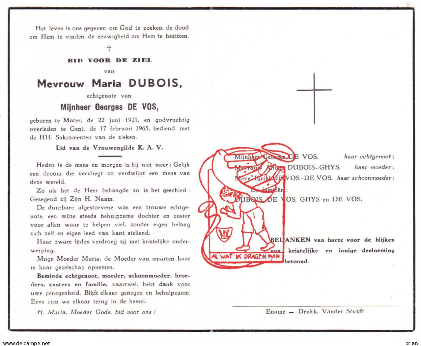 DP Maria Dubois ° Mater Oudenaarde 1921 † Gent 1965 X Georges De Vos // Ghys - Devotion Images