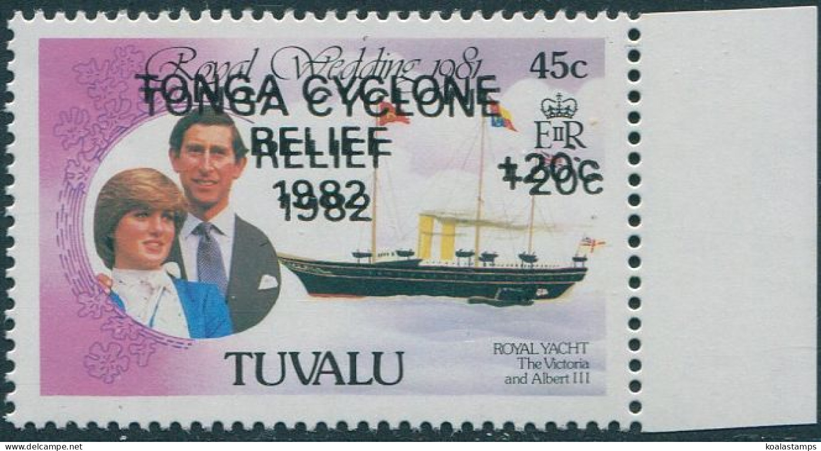Tuvalu 1982 SG187d 45c Royal Yacht Cyclone Relief 20c Surcharge Double Ovpt MNH - Tuvalu
