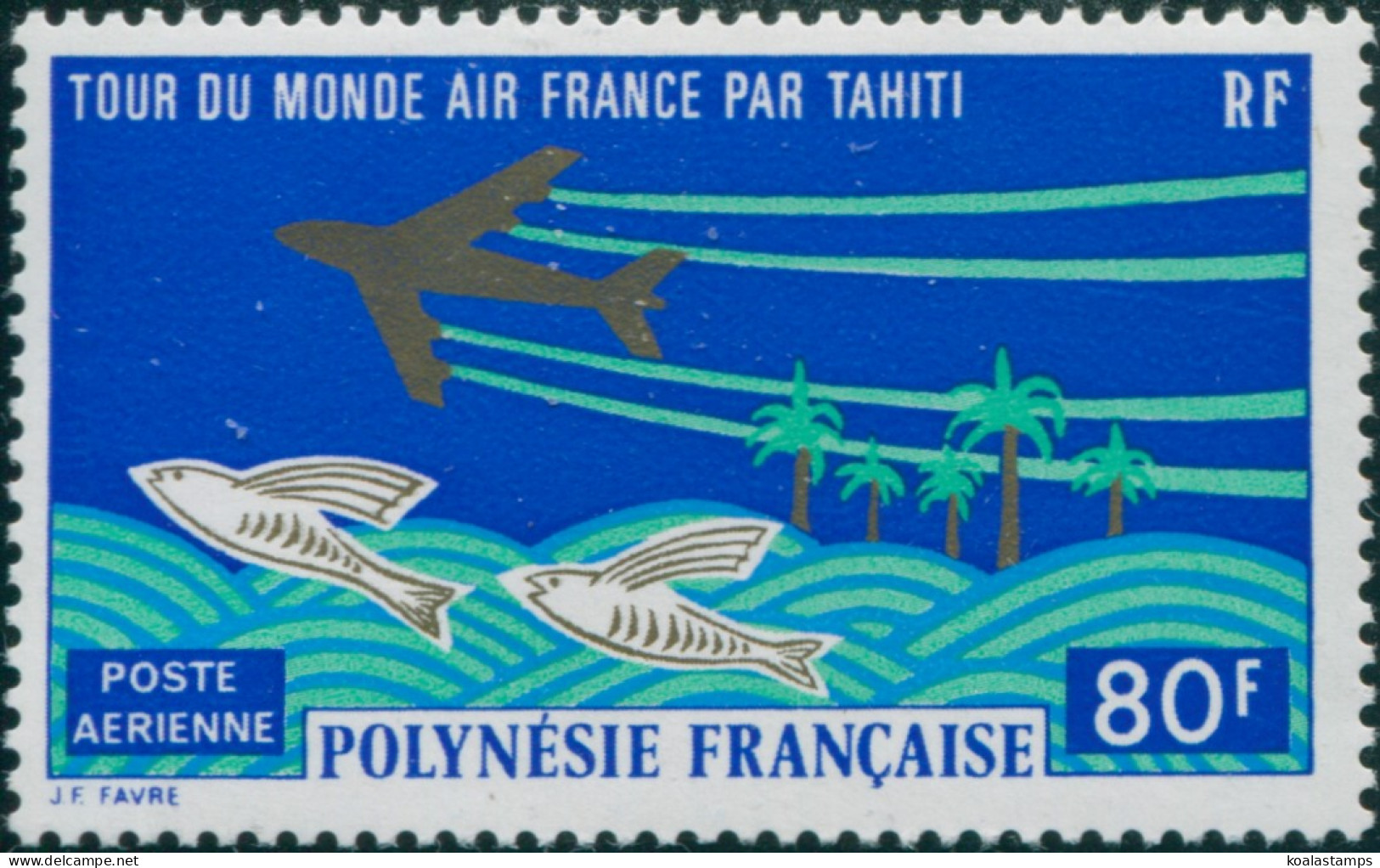 French Polynesia 1973 Sc#C96,SG167 80f Aeroplane And Flying Fish MNH - Sonstige & Ohne Zuordnung