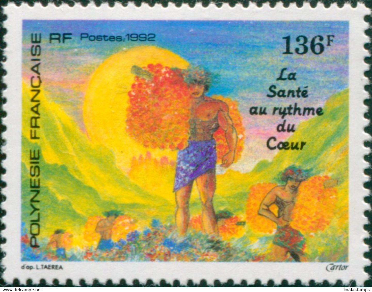 French Polynesia 1992 Sc#591,SG641 136f Orange Carriers Painting MLH - Sonstige & Ohne Zuordnung