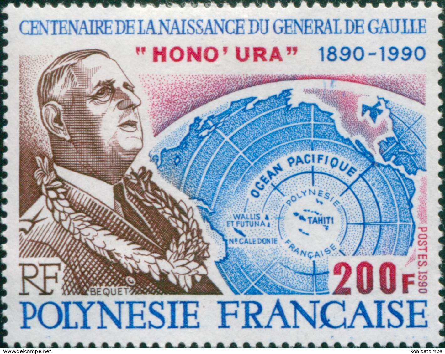 French Polynesia 1990 Sc#543,SG595 200f De Gaulle And Globe MLH - Sonstige & Ohne Zuordnung