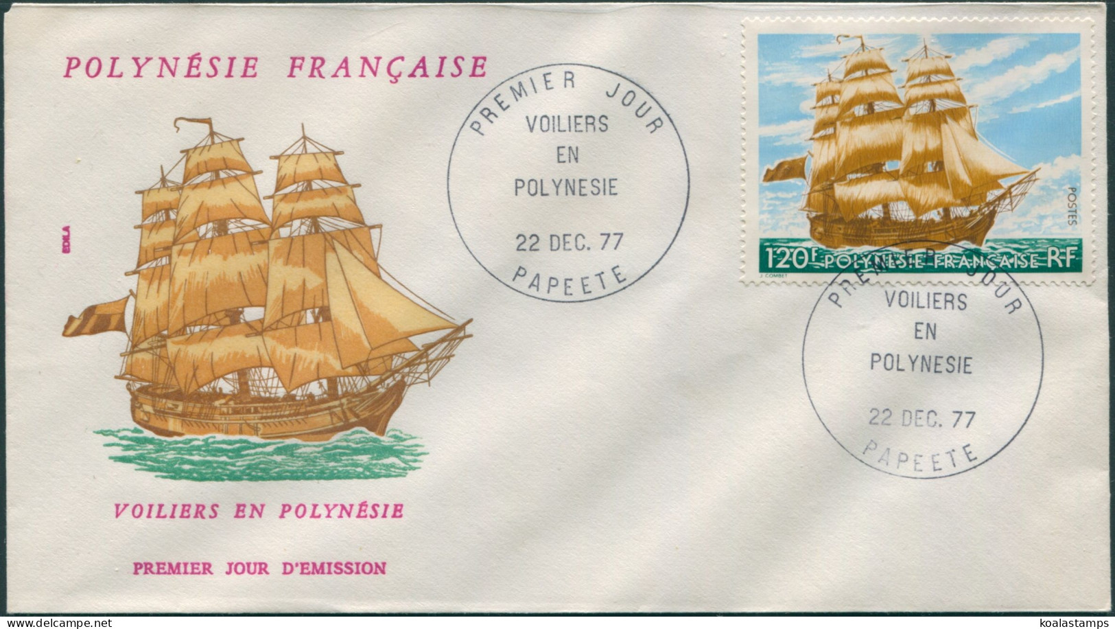 French Polynesia 1977 Sc#299,SG265 120f Full-rigged Ship FDC - Other & Unclassified