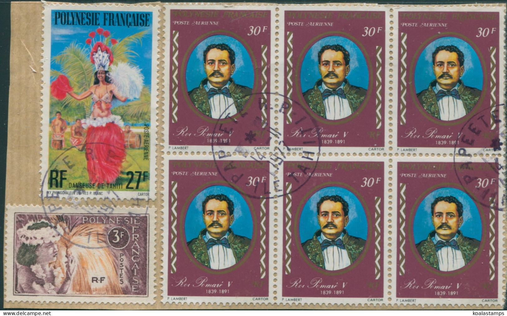 French Polynesia 1976 C133,SG217 30f King Pomare V Block Of 6 On Piece FU - Andere & Zonder Classificatie