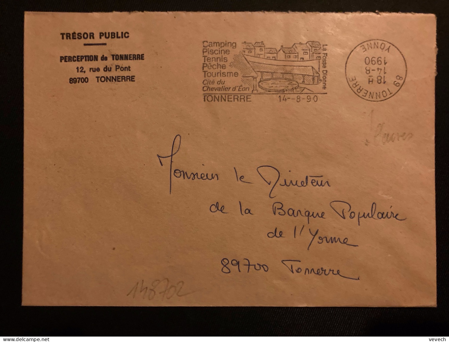 LETTRE PERCEPTION DE TONNERRE OBL.MEC. VARIETE 14-3 1990 89 TONNERRE YONNE Camping - Mechanical Postmarks (Advertisement)