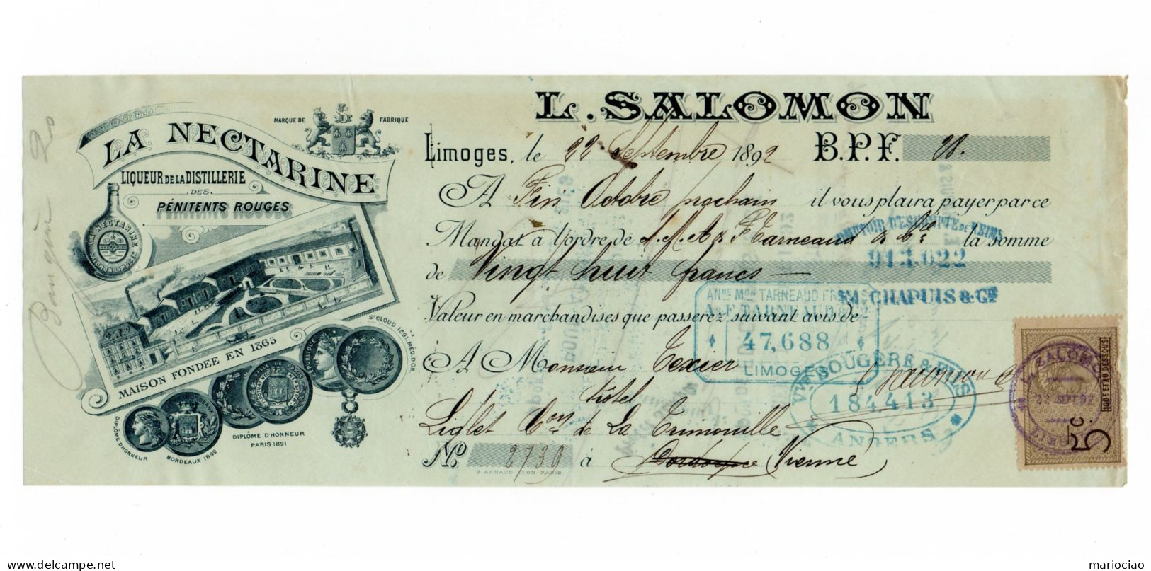 DC-FR 87 Limoges 1892 Fabrique De Liqueurs Surfines LA NECTARINE L. SALOMON - Bills Of Exchange