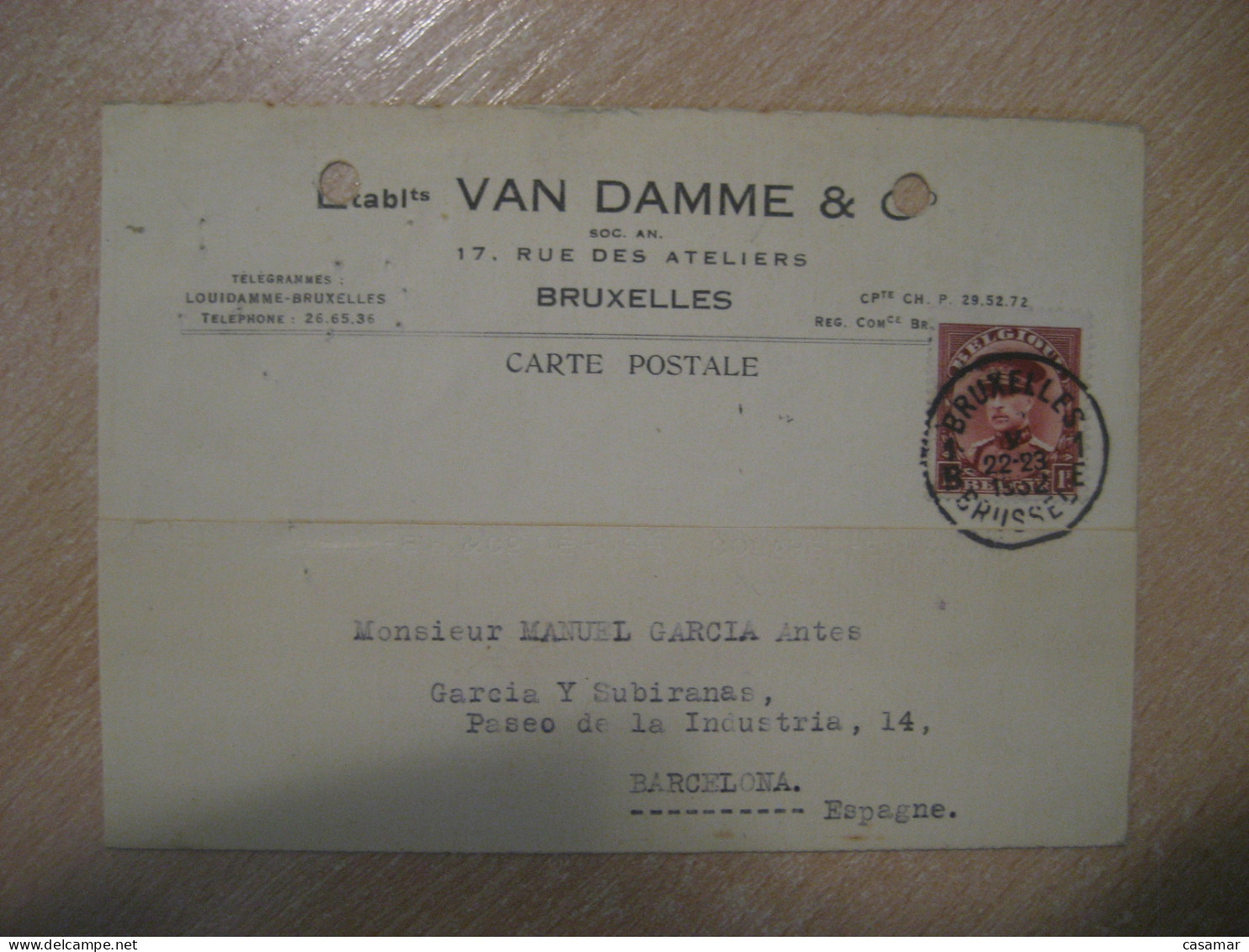 BRUXELLES 1932 To Barcelona Spain Cancel Van Dammme Card BELGIUM - Other & Unclassified