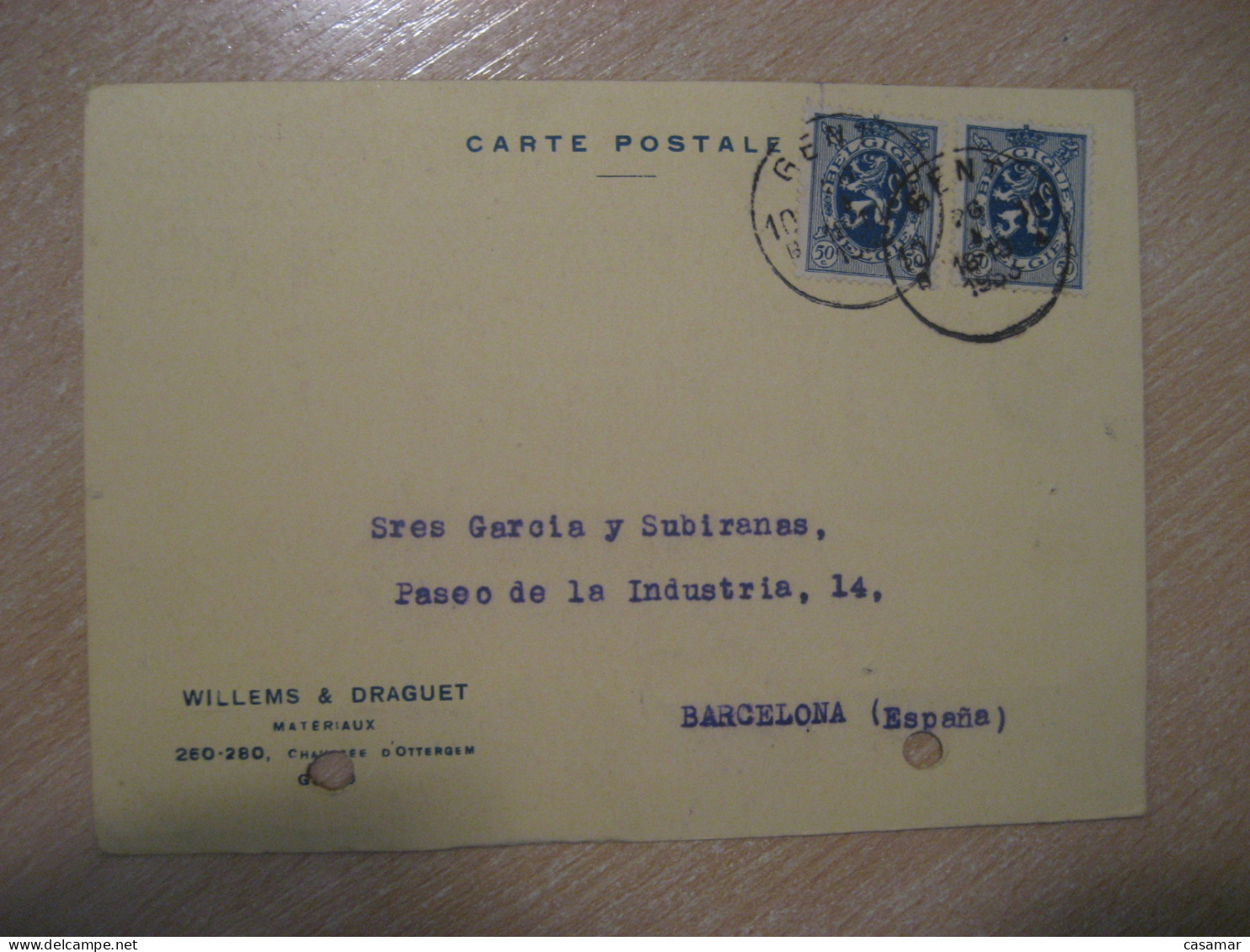 GENT GAND 1933 To Barcelona Spain Cancel Willems Draguet Card BELGIUM - Other & Unclassified