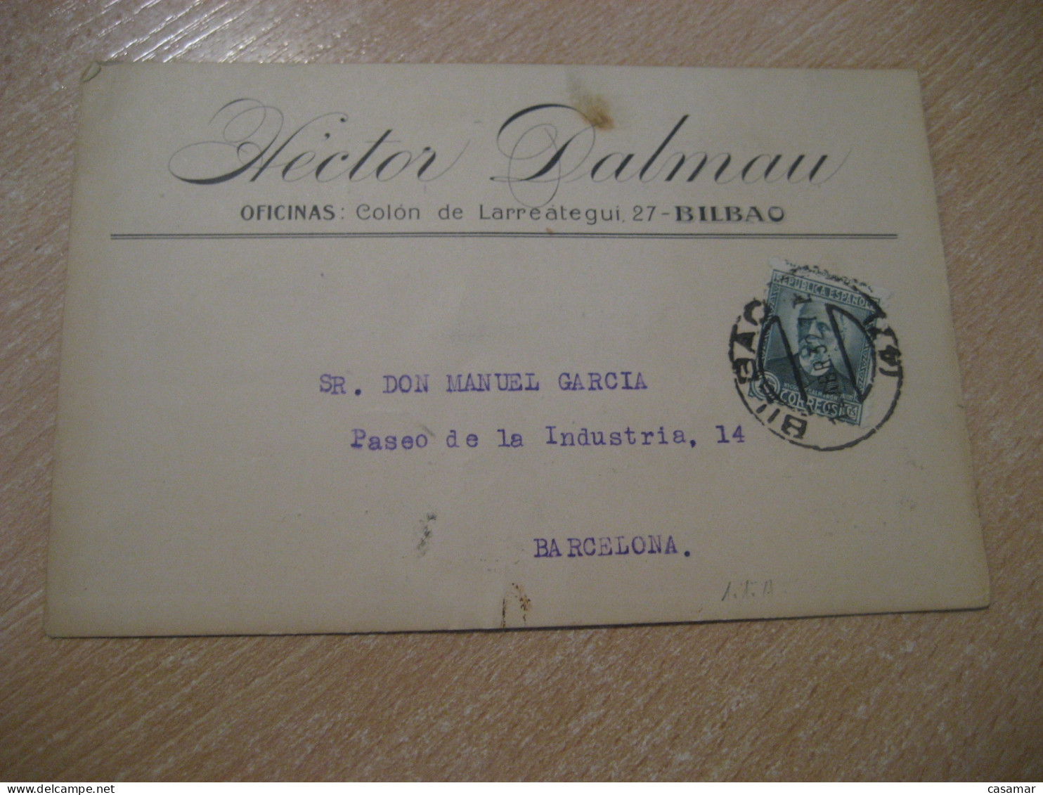 BILBAO Vizcaya 1932 To Barcelona Hector Dalmau Cancel Card SPAIN - Briefe U. Dokumente