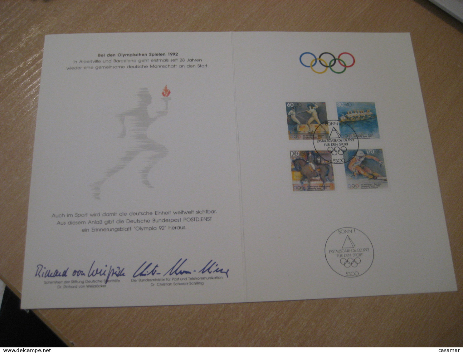 BONN 1992 Barcelona Spain Albertville France Olympic Games Fencing Rowing Horse Skiing Document Card GERMANY - Zomer 1992: Barcelona