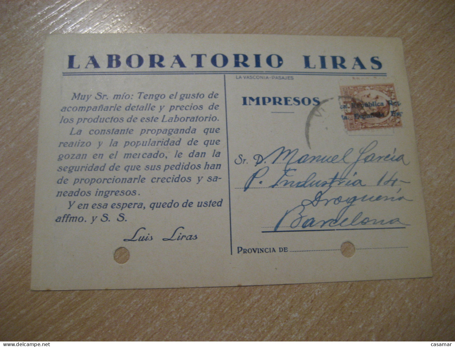 PASAJES Guipuzcoa 1932 To Barcelona Laboratorios Miras Burgos Villadiego Laboratorium Cancel Card SPAIN - Covers & Documents