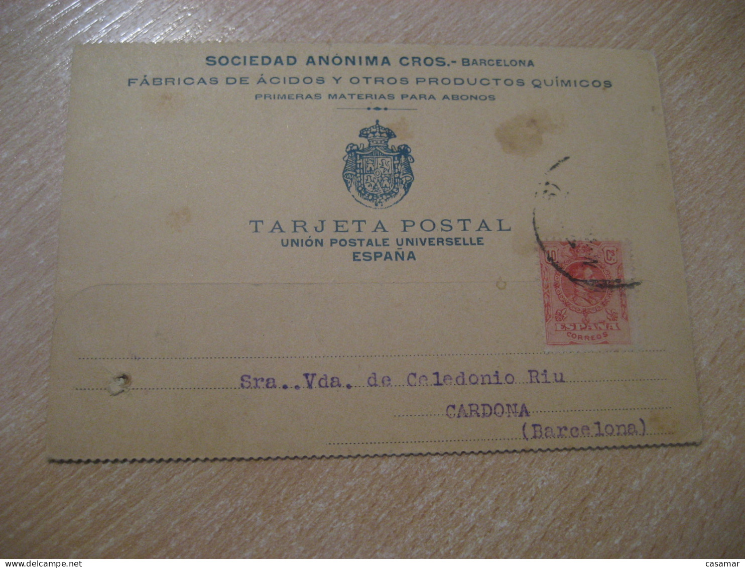 BARCELONA 1912 To Cardona CROS Chemical Chemistry Cancel Card SPAIN - Lettres & Documents