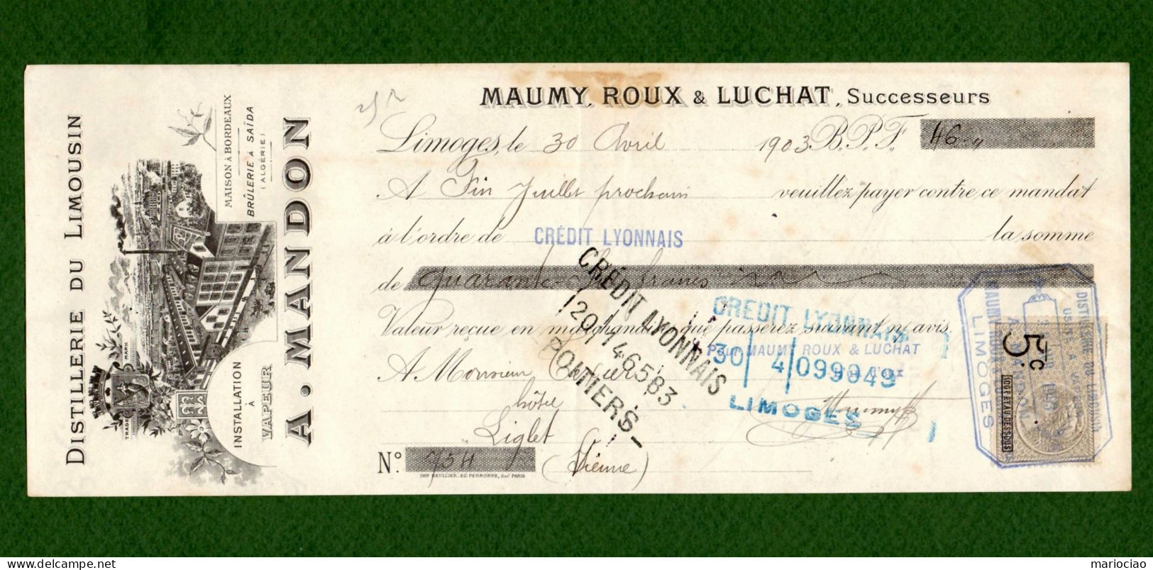 DC-FR 87 Limoges 1903 Distillerie Du Limousin MAUMY, ROUX & LUCHAT - Wissels
