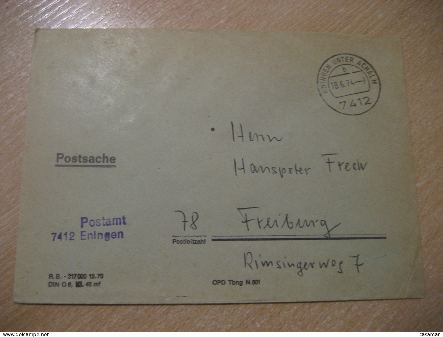 ENINGEN UNTER ACHALM 1974 To Freiburg Postage Paid Cancel Cover GERMANY - Lettres & Documents