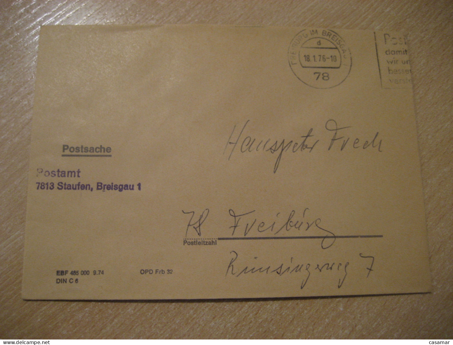 FREIBURG IM BREISGAU 1976 To Freiburg Postage Paid Cancel Cover GERMANY - Lettres & Documents