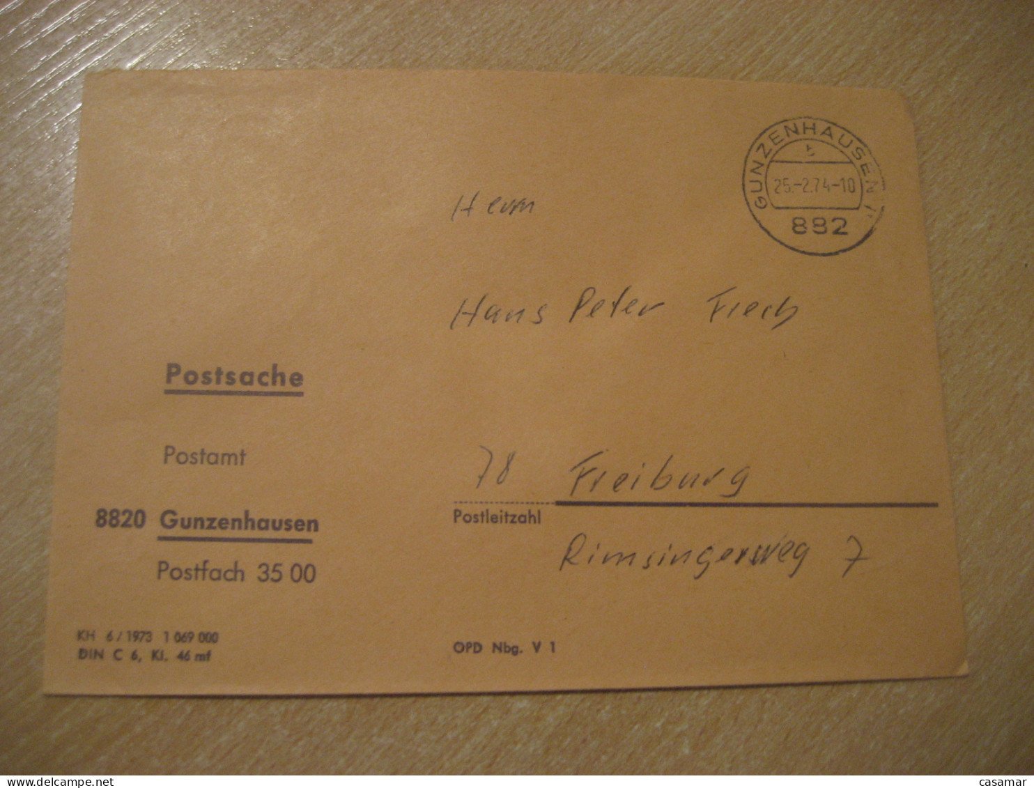 GUNZENHAUSEN 1974 To Freiburg Postage Paid Cancel Cover GERMANY - Covers & Documents