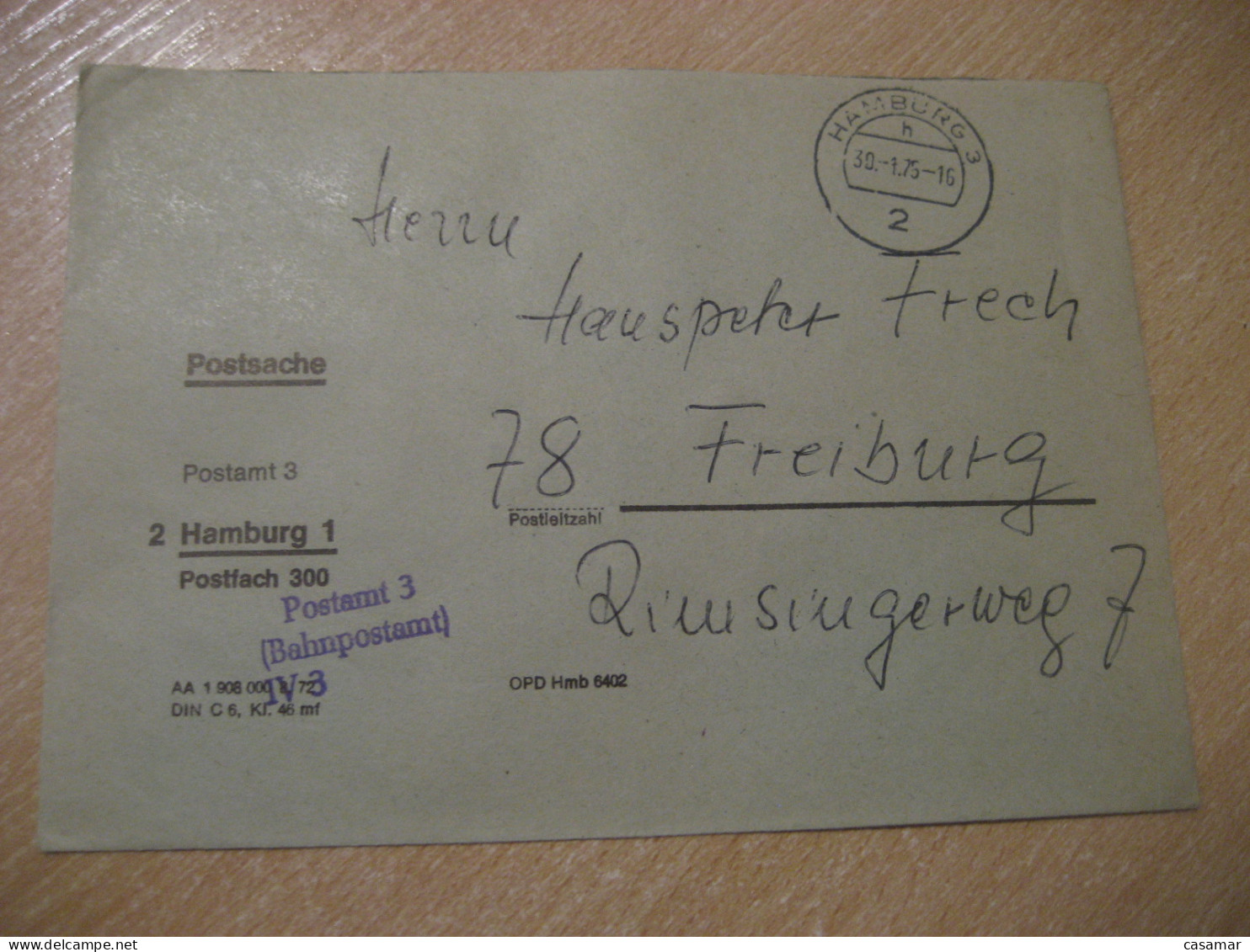 HAMBURG 1975 To Freiburg Postage Paid Cancel Cover GERMANY - Covers & Documents