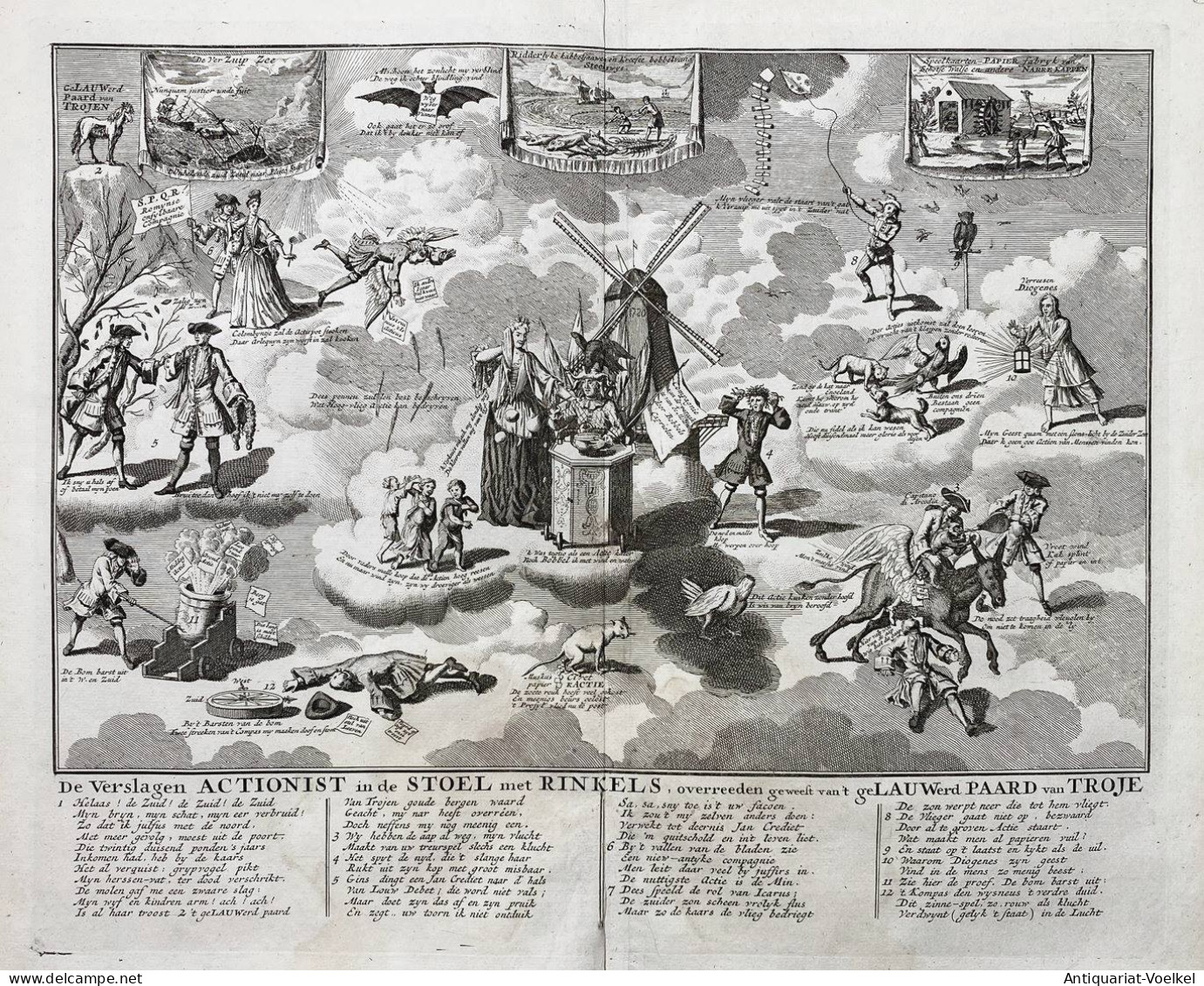 De Verslagen Actionist In De Stoel Met Rinkels, Overreeden Geweest Van't Gelauwerd Paard Van Troje - South Sea - Estampes & Gravures