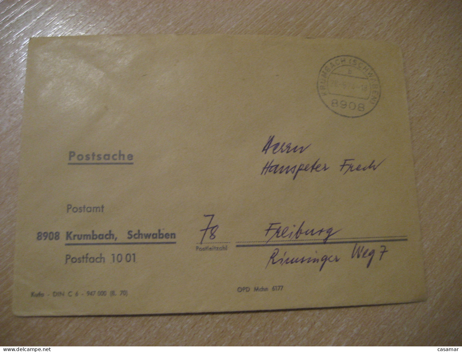 KRUMBACH 1974 To Freiburg Postage Paid Cancel Cover GERMANY - Lettres & Documents