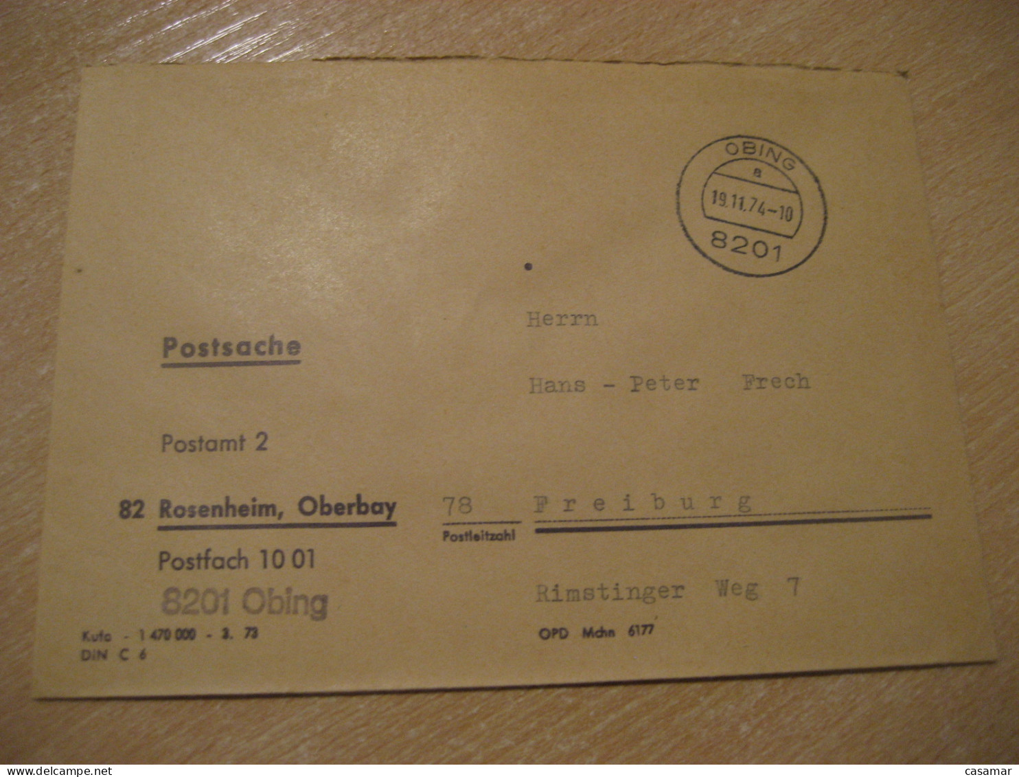 OBING Rosenheim 1974 To Freiburg Postage Paid Cancel Cover GERMANY - Covers & Documents