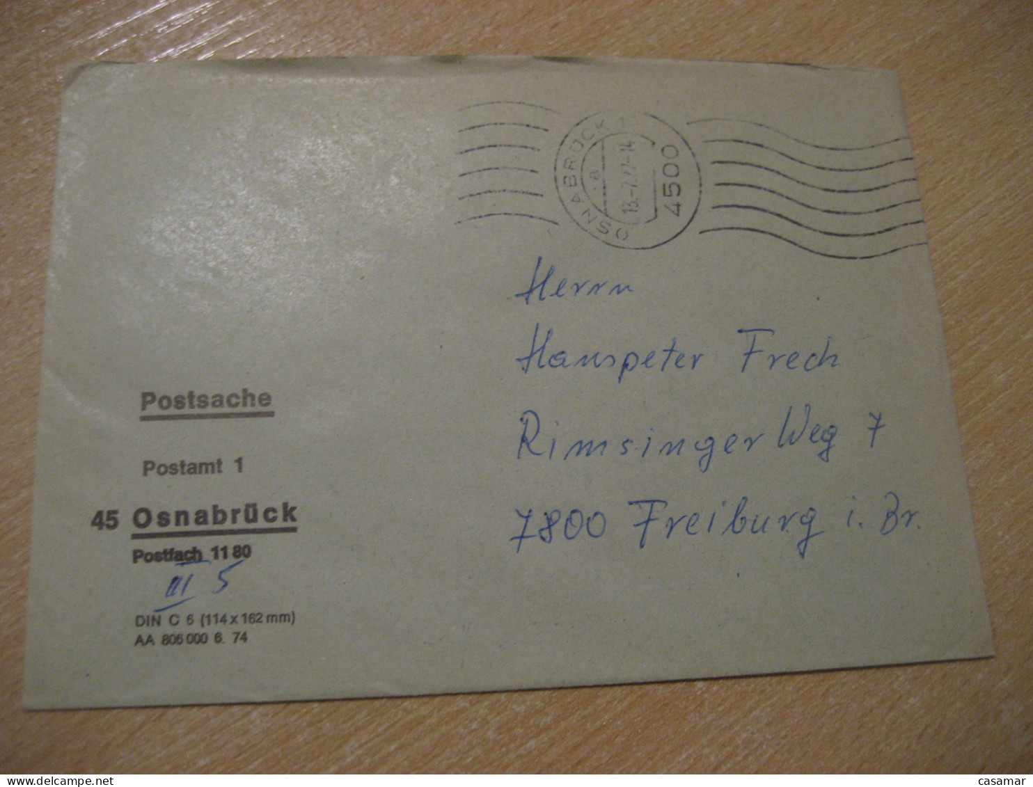 OSNABRUCK 1977 To Freiburg Postage Paid Cancel Cover GERMANY - Covers & Documents