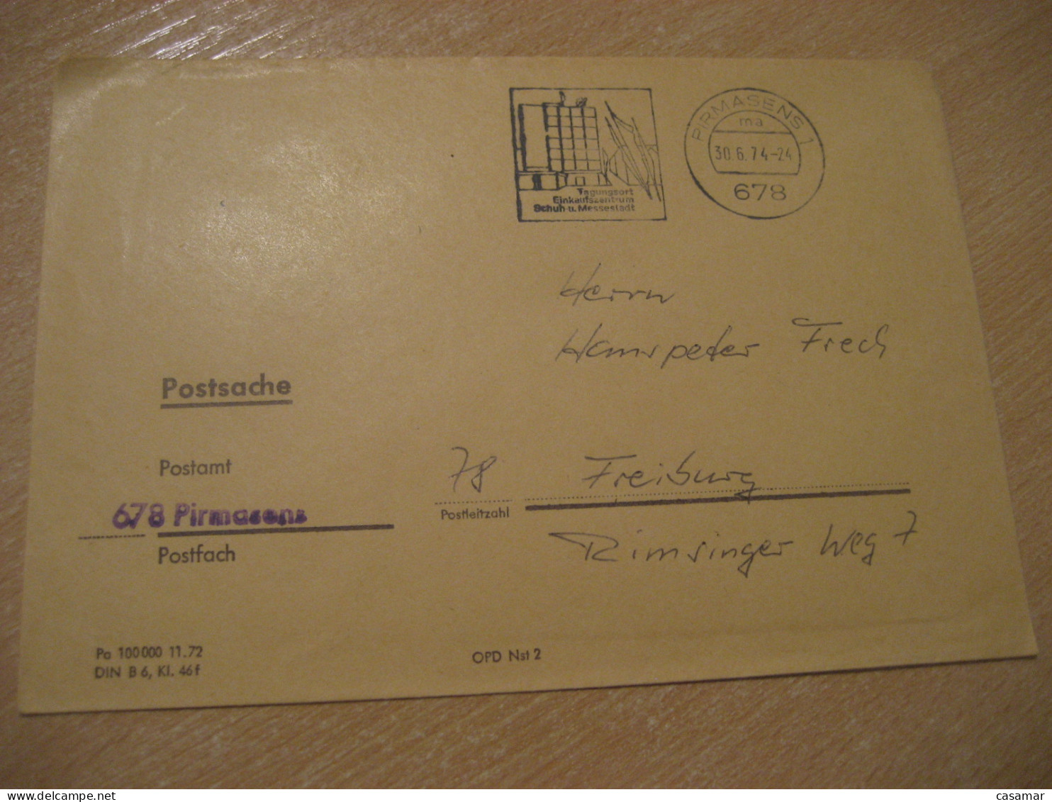 PIRMASENS 1974 To Freiburg Postage Paid Cancel Cover GERMANY - Lettres & Documents