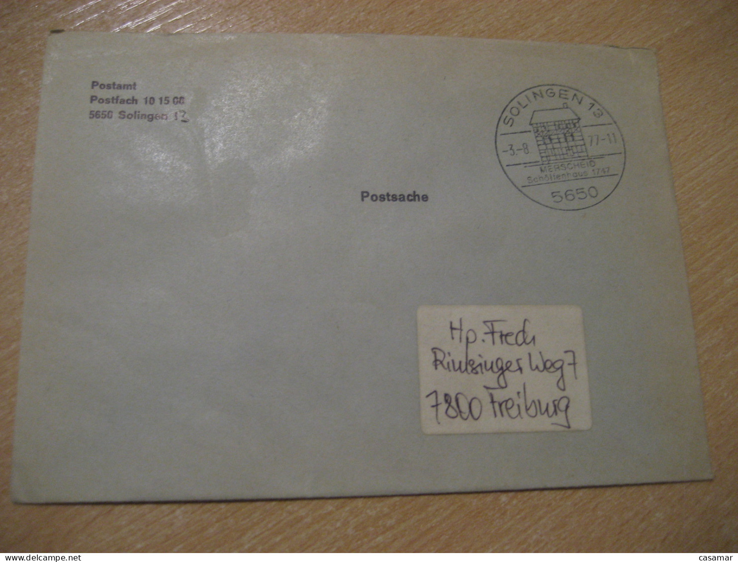 SINDELFINGEN 1977 Merscheid To Freiburg Postage Paid Cancel Cover GERMANY - Covers & Documents