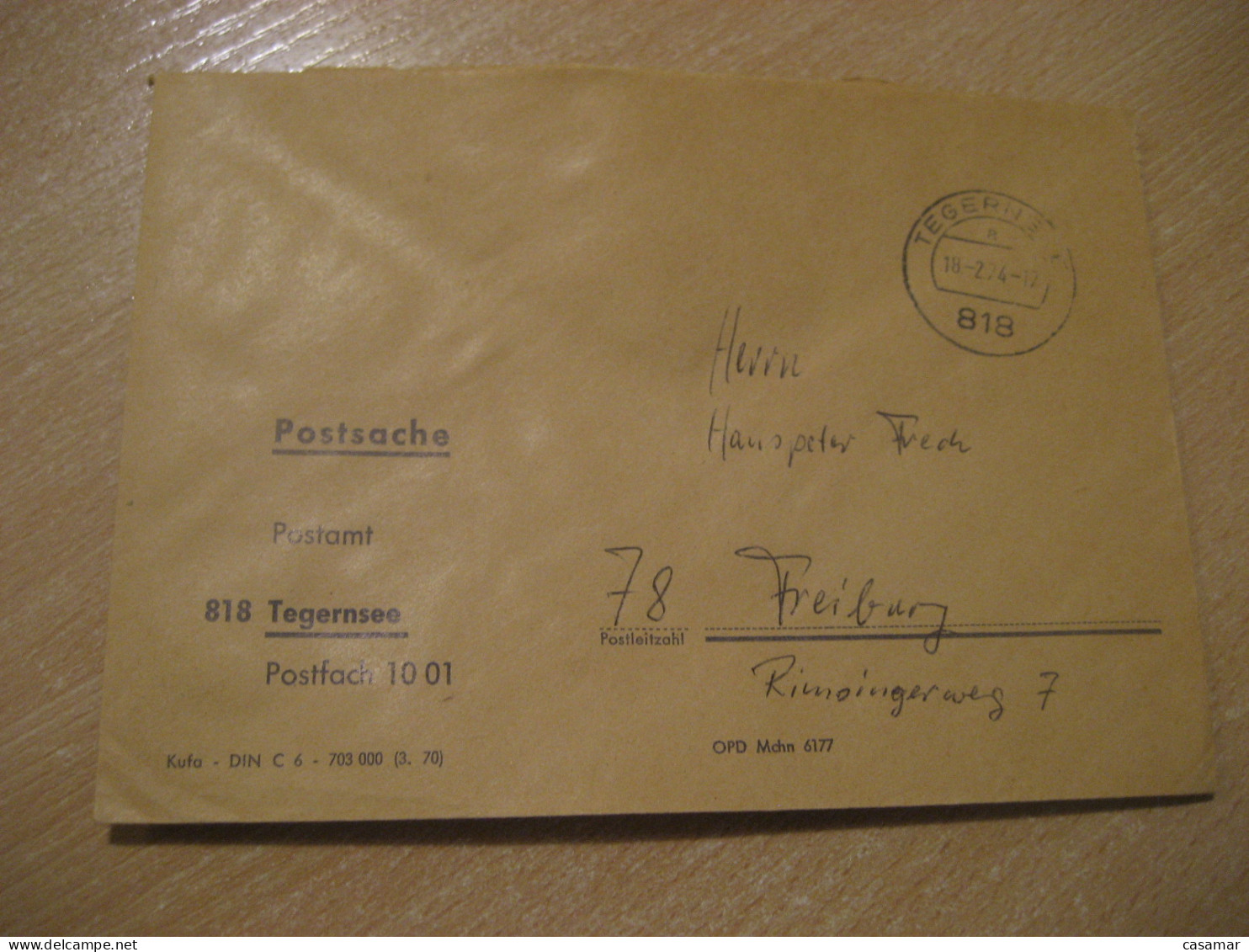 TEGERNSEE 1974 To Freiburg Postage Paid Cancel Cover GERMANY - Covers & Documents