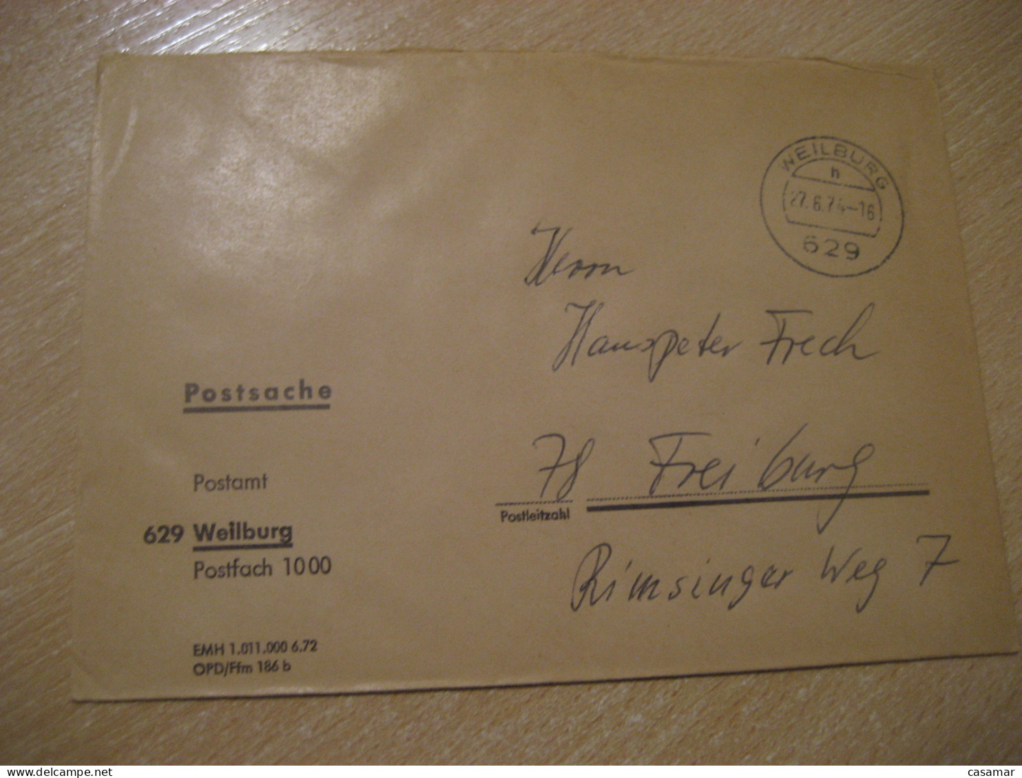 WEILBURG 1974 To Freiburg Postage Paid Cancel Cover GERMANY - Briefe U. Dokumente
