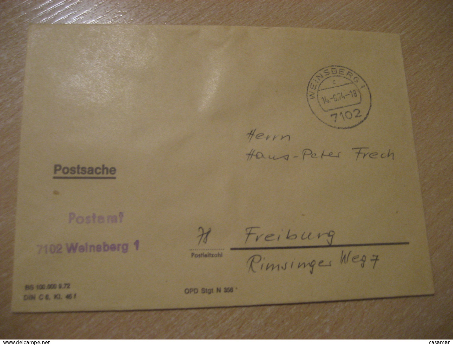 WEINSBERG 1974 To Freiburg Postage Paid Cancel Cover GERMANY - Briefe U. Dokumente