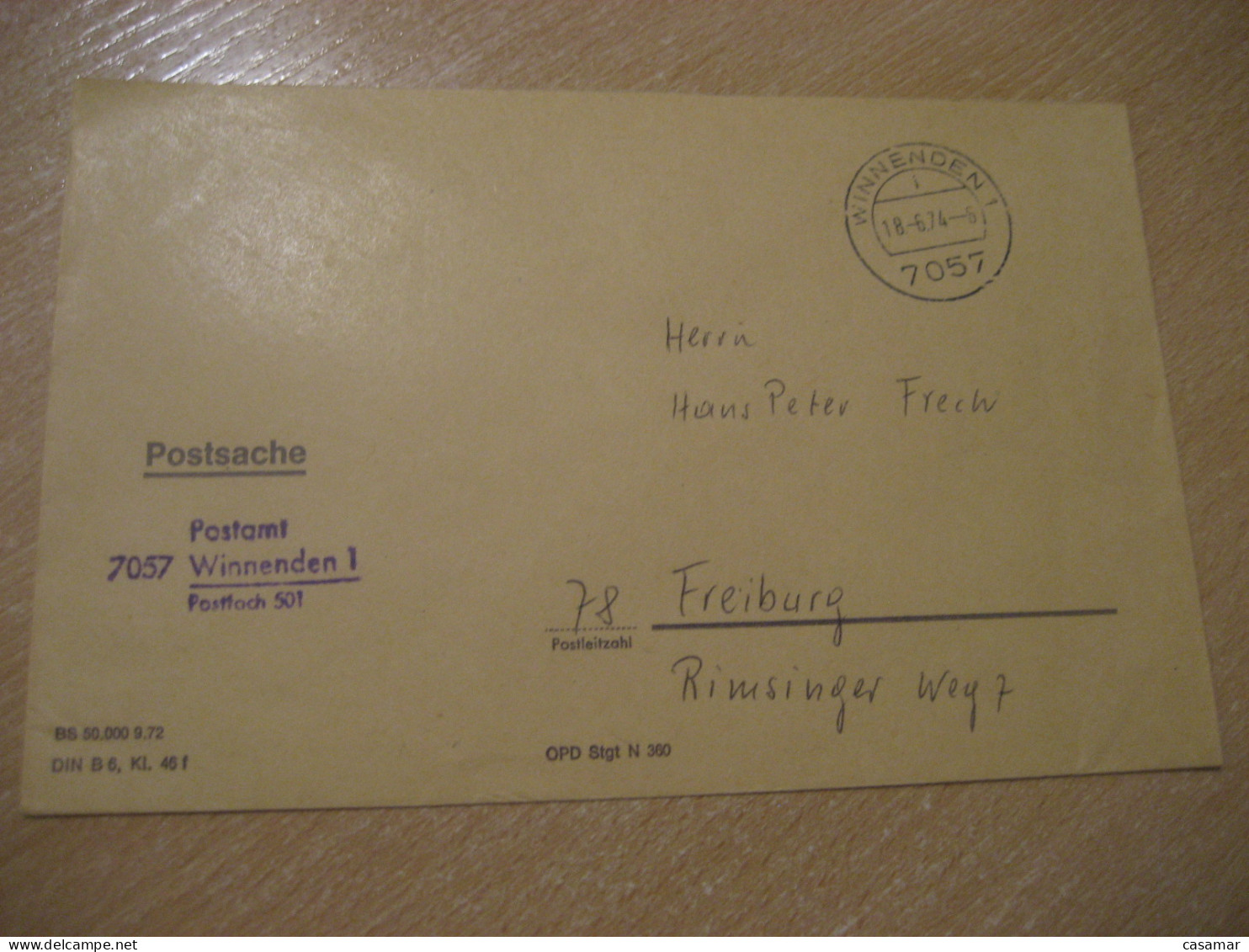 WINNENDEN 1974 To Freiburg Postage Paid Cancel Cover GERMANY - Lettres & Documents