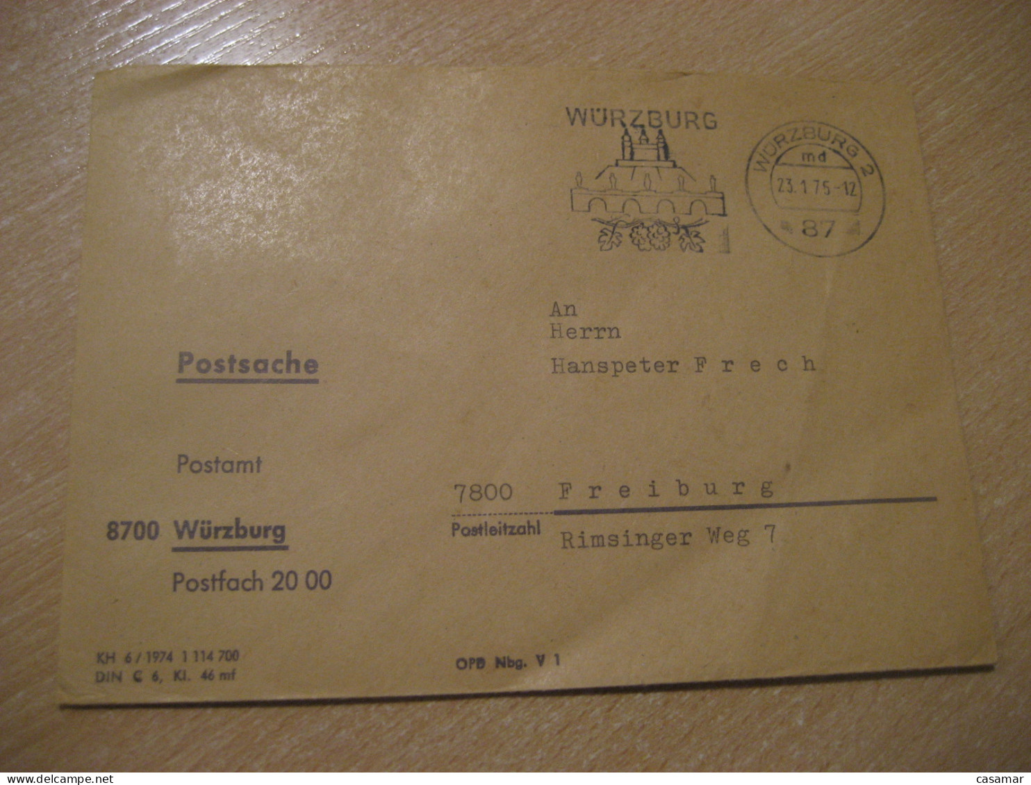 WURZBURG 1975 Bridge To Freiburg Postage Paid Cancel Cover GERMANY - Lettres & Documents